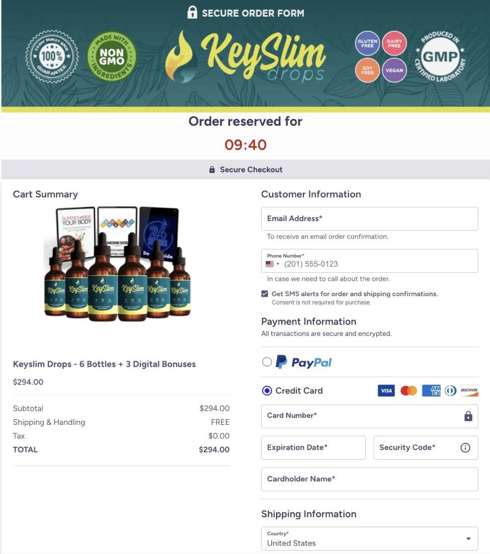 Secure checkout for Keyslim Drops order